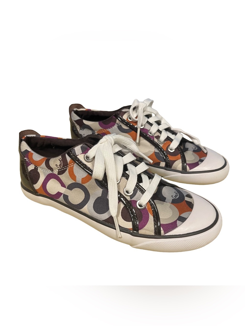 Coach Barrett Op Art Signature Sz 6.5 Purple Gray Brown White Sneakers EUC
